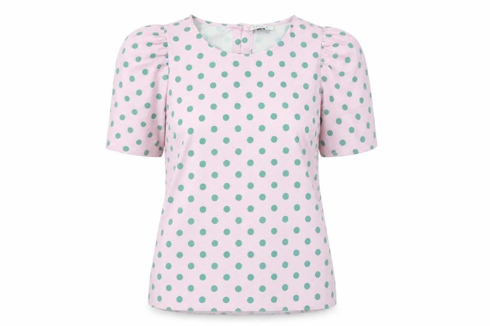 Front view of Closet women’s pink polka dot polyester basic t-shirt, size UK 12, round neck