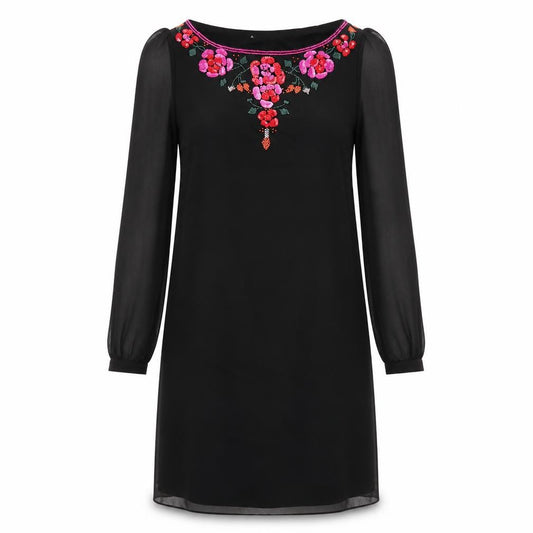 Front view of Teatro women’s black polyester a-line, size UK 10, boat neck zip - flower