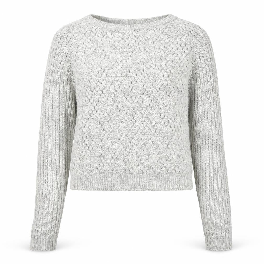 Front view of Select women’s grey round neck acrylic jumper, size UK 10