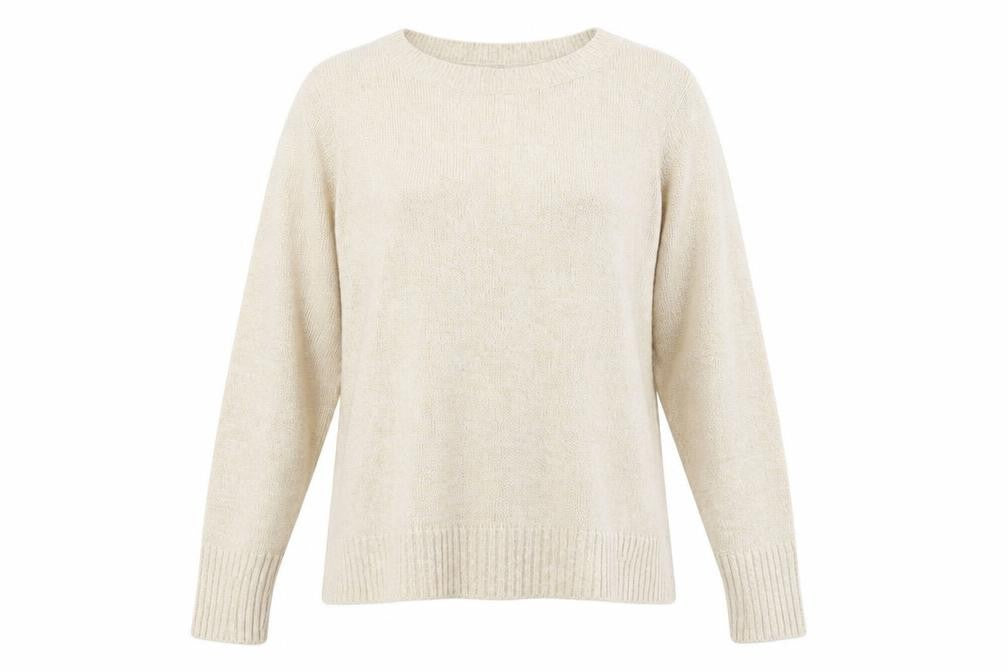 Front view of H&M women’s beige round neck acrylic jumper, size L