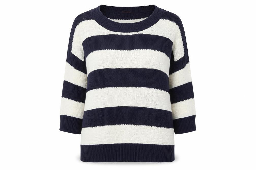 Savoir Womens Beige Scoop Neck Striped Cotton Pullover Jumper Size 14