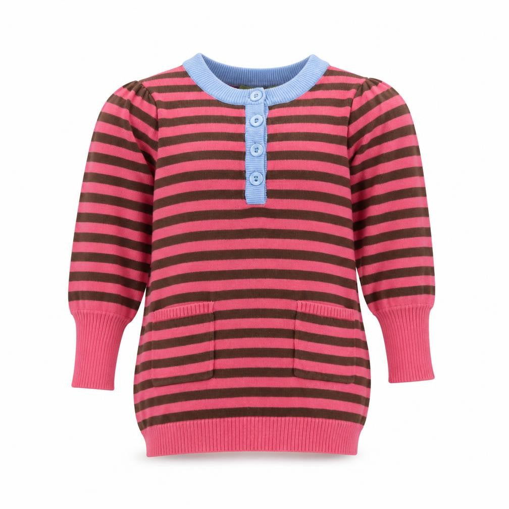 Front view of Willow Bolsom girls’ pink round neck striped cotton jumper, size 2-3, years button