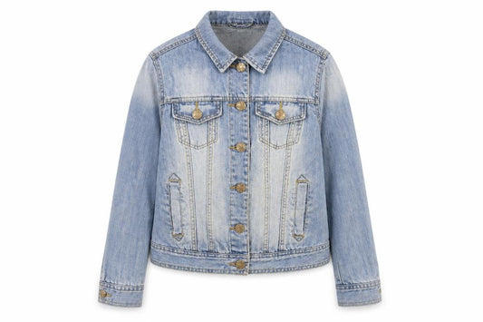 Front view of Denim & Co. women’s blue jacket, size UK 8, button