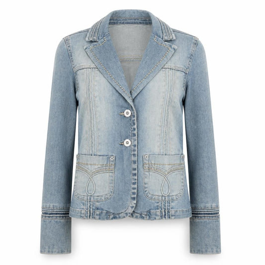 Front view of M-O-T-O women’s blue jacket, size UK 8, button