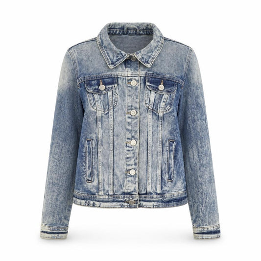 Front view of Denim & Co. women’s blue jacket, size UK 8, button
