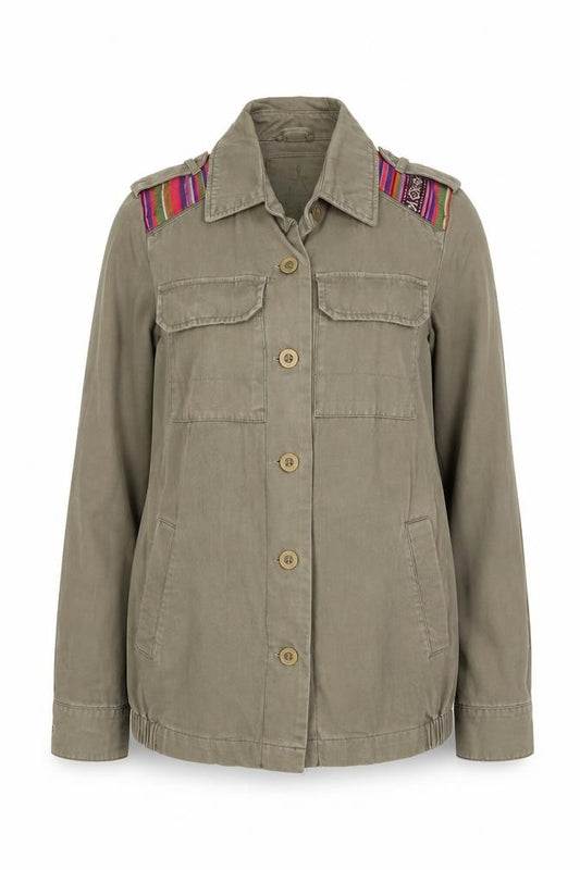 Front view of Atmosphere women’s green geometric jacket, size UK 8, button