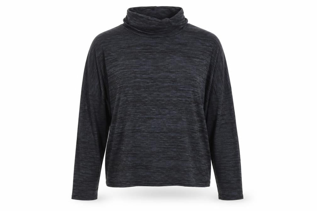 Front view of Boohoo women’s blue viscose basic t-shirt, size S, roll neck