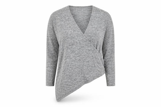Front view of Boohoo women’s grey polyester basic blouse, size S, v-neck