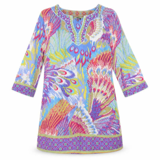Front view of Papaya women’s multicoloured geometric viscose a-line, size UK 10, v-neck pullover