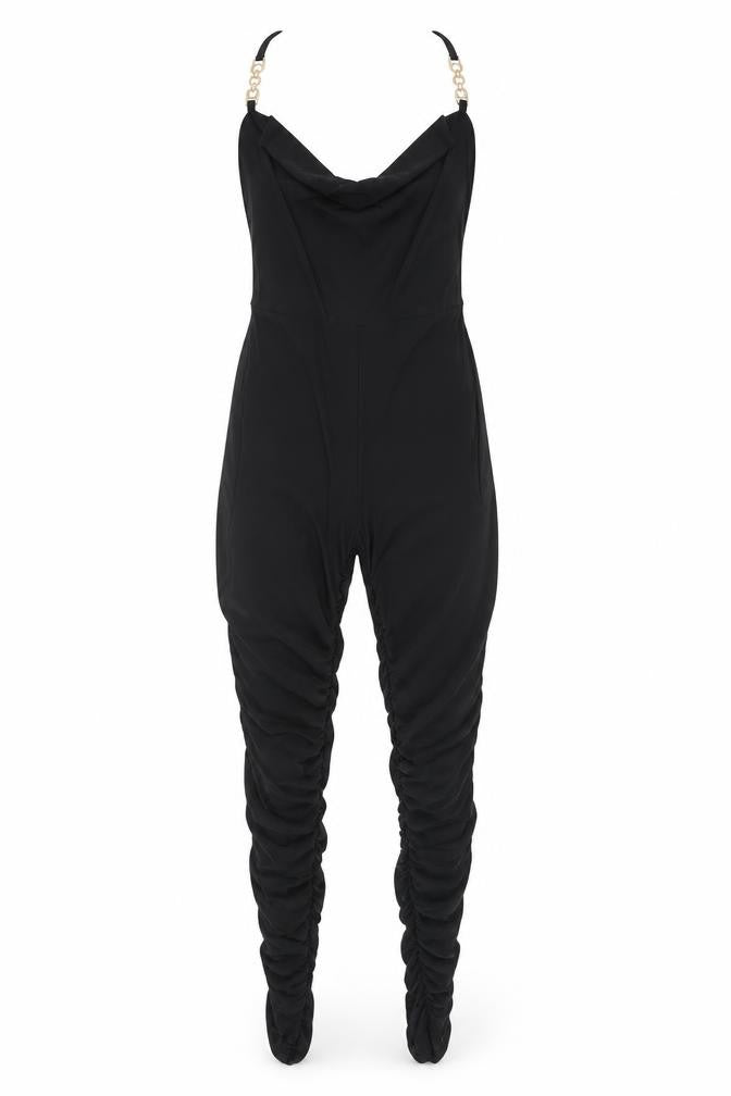 Front view of PRETTYLITTLETHING women’s black polyester unitard one-piece, size UK 8, pullover - ruched