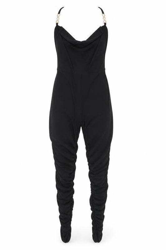 Front view of PRETTYLITTLETHING women’s black polyester unitard one-piece, size UK 8, pullover - ruched