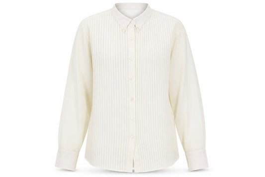Front view of Tranali women’s ivory polyester basic button-up, size S, collared