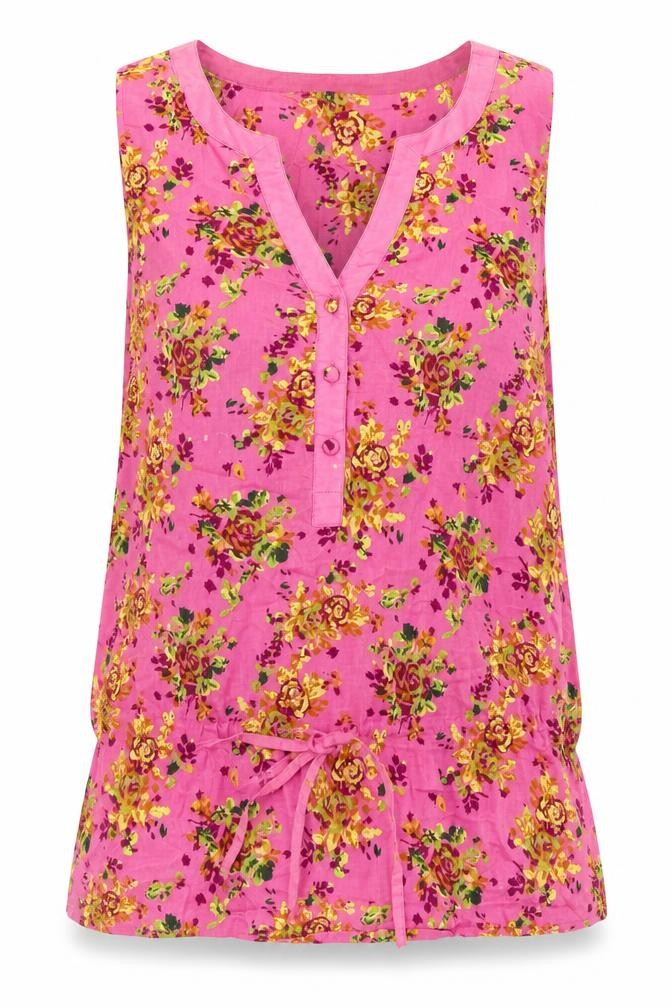 Front view of Next women’s pink floral 100% cotton basic tank, size UK 8, v-neck