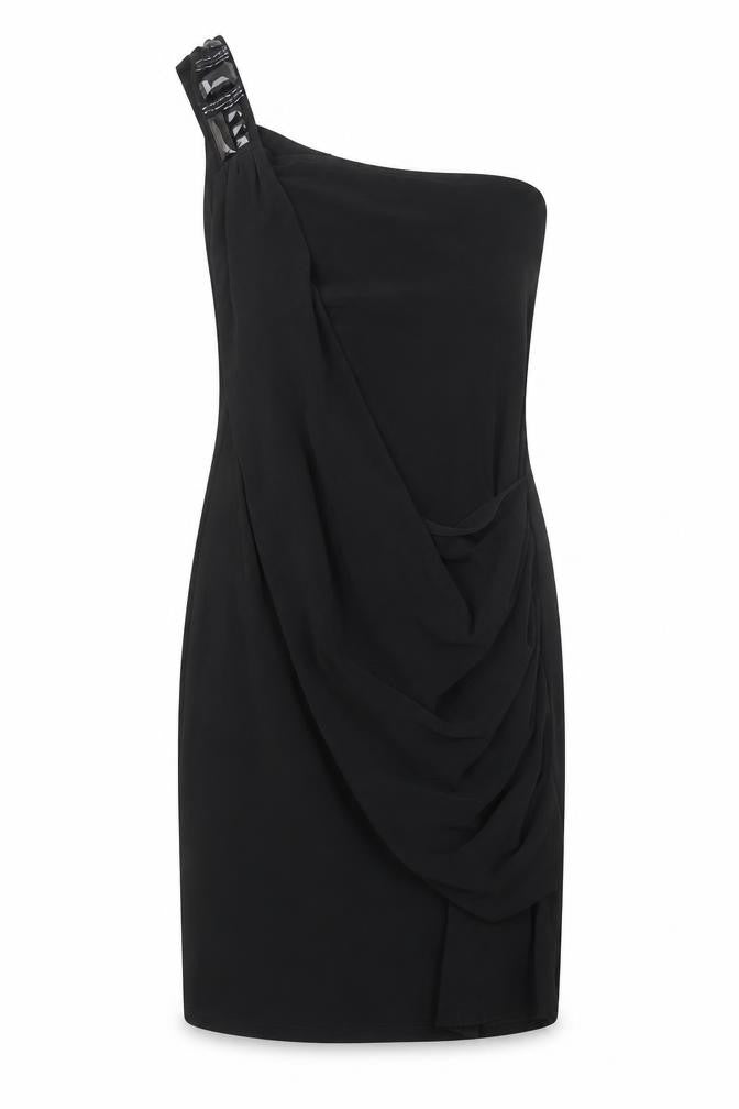 Front view of George women’s black polyester pencil dress, size UK 12, one shoulder pullover