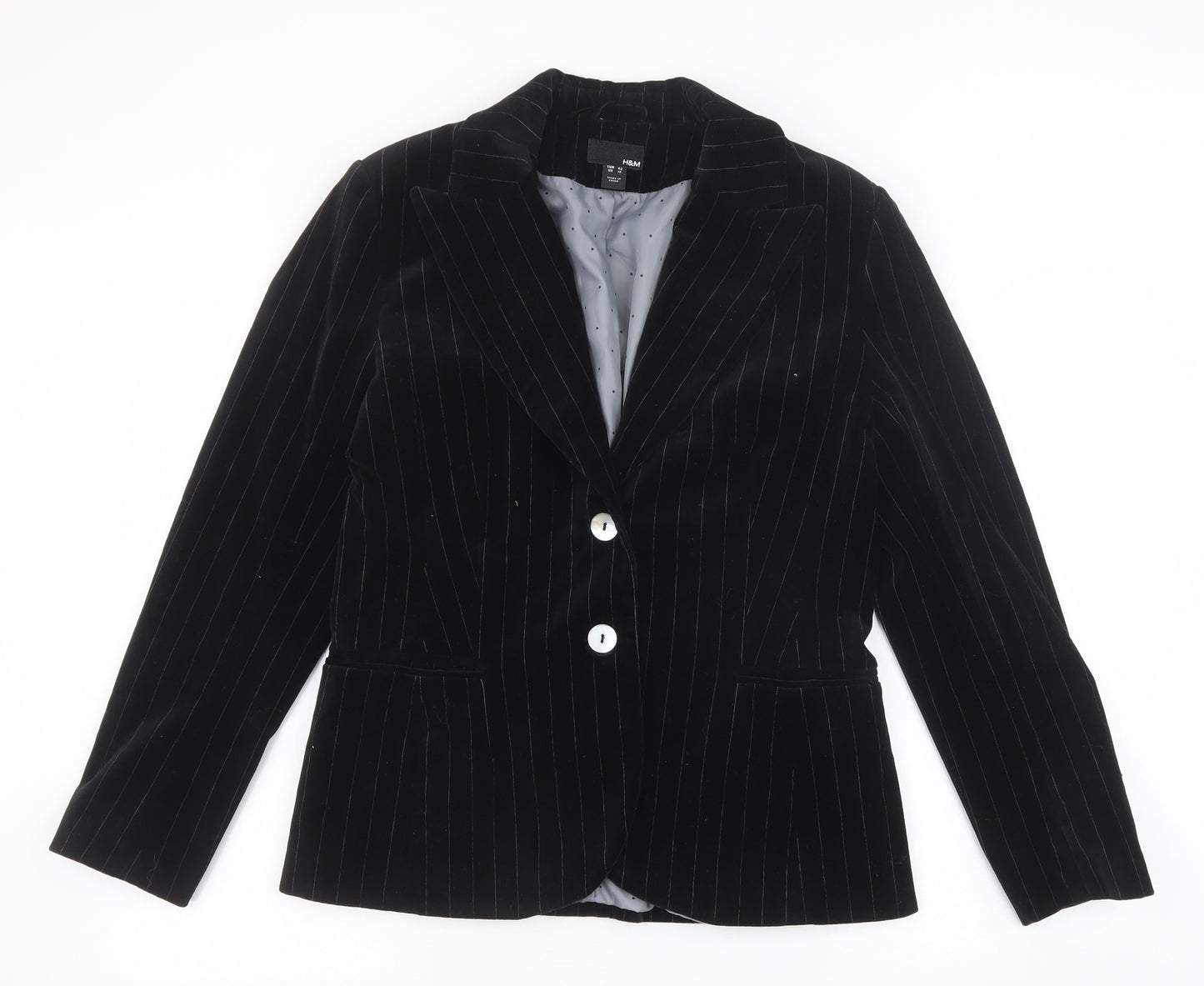 H&M Womens Black Pinstripe Polyester Jacket Suit Jacket Size 14 Button