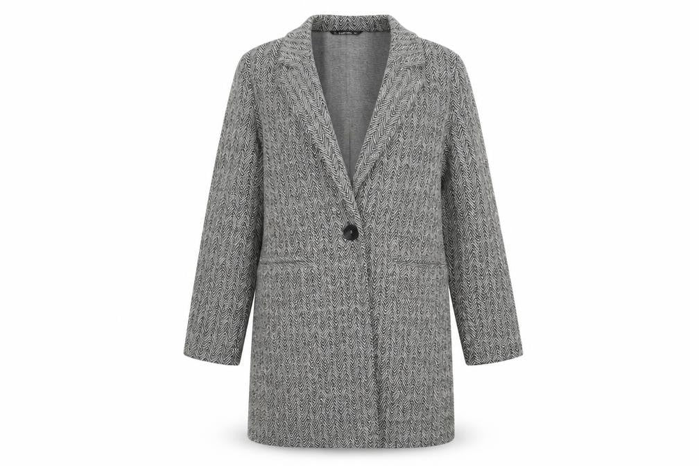Front view of Dunnes women’s grey geometric overcoat coat, size M, button