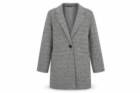 Front view of Dunnes women’s grey geometric overcoat coat, size M, button