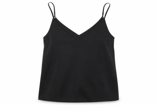 Front view of ASOS women’s black polyester basic tank, size UK 10, v-neck