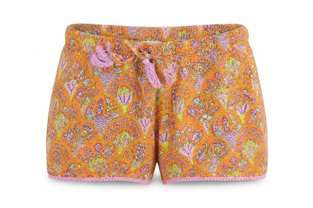 Front view of Dusk women’s orange floral polyester skimmer shorts, size S, regular drawstring
