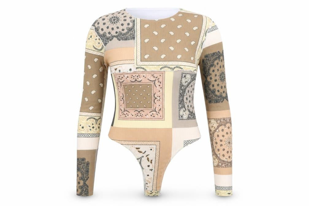 PRETTYLITTLETHING Womens Brown Geometric Polyester Bodysuit One-Piece Size 16 Snap - Patchwork