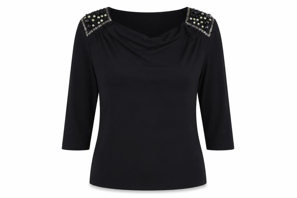 Front view of Country Casuals women’s black polyester basic t-shirt, size M, cowl neck - shoulder detail