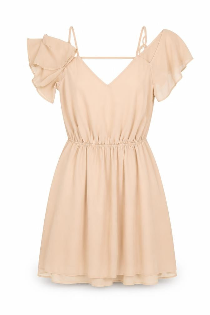 Front view of ASOS women’s pink polyester fit & flare, size UK 4, v-neck pullover - cold shoulder