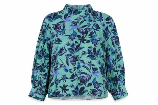 Front view of H&M women’s blue floral polyester basic blouse, size UK 8, mock neck