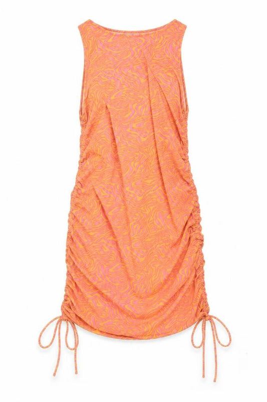 Front view of Motel Rocks women’s orange geometric polyester bodycon, size S, boat neck pullover