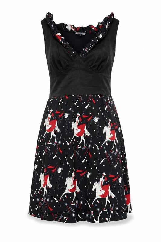 Front view of 159 MA women’s black geometric polyester fit & flare, size S, v-neck tie - horse, woman