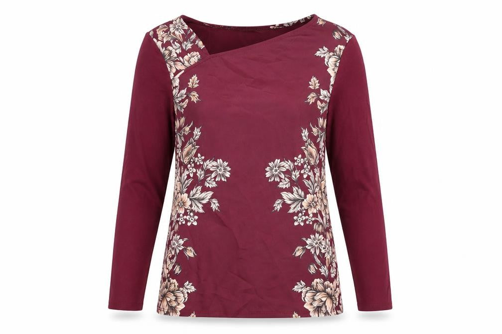 Front view of Per Una women’s red floral polyester basic t-shirt, size UK 12, v-neck