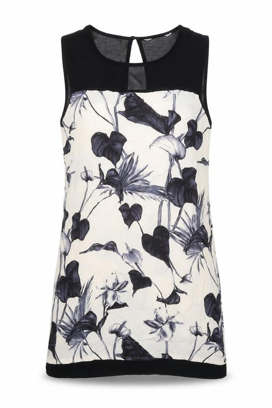 Front view of women’s white floral polyester a-line one size round neck button