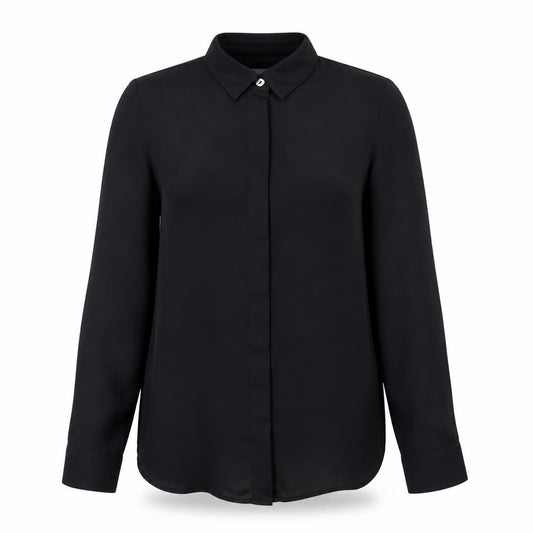 Front view of H&M women’s black polyester basic button-up, size UK 10, collared