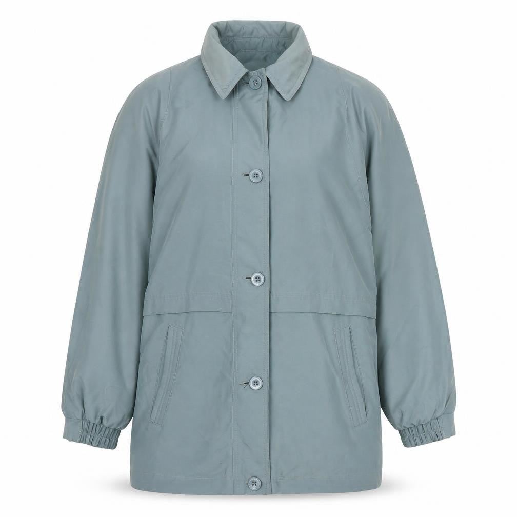 Front view of Marks & Spencer women’s green rain coat coat, size UK 14, button