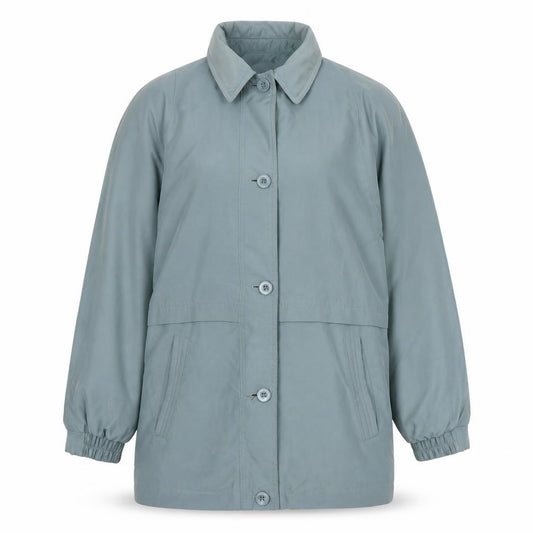 Front view of Marks & Spencer women’s green rain coat coat, size UK 14, button
