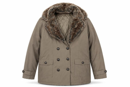 Front view of Being Casual women’s green jacket, size UK 16, button