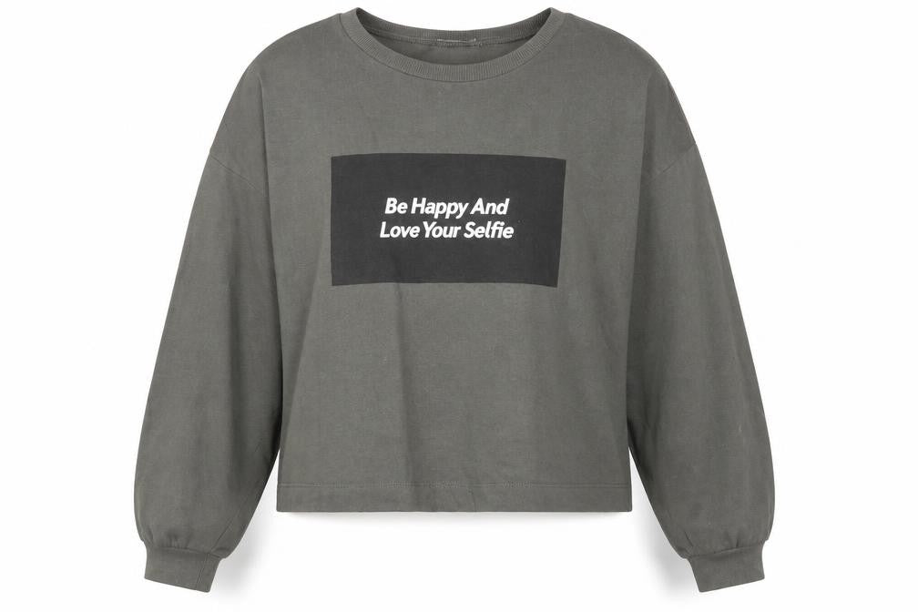Front view of Zara women’s green cotton pullover sweatshirt, size S, pullover - cropped, be happy & love your selfie