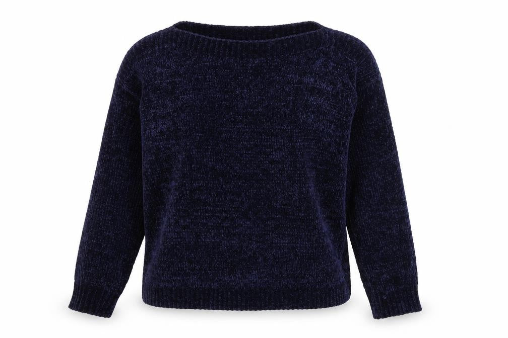 Front view of Stella Morgan women’s blue boat neck polyester jumper, size UK 12