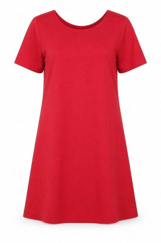 Front view of women’s red polyester a-line, size M, round neck pullover