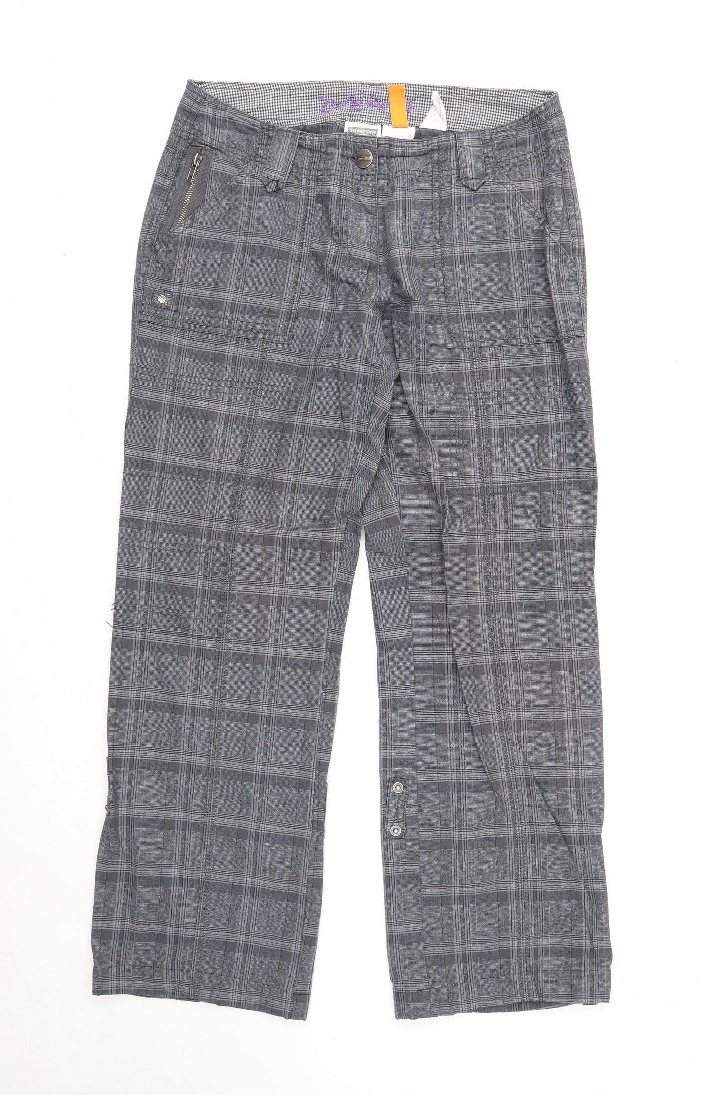 Street One Womens Grey Plaid Cotton Trousers Size 12 Regular Zip
