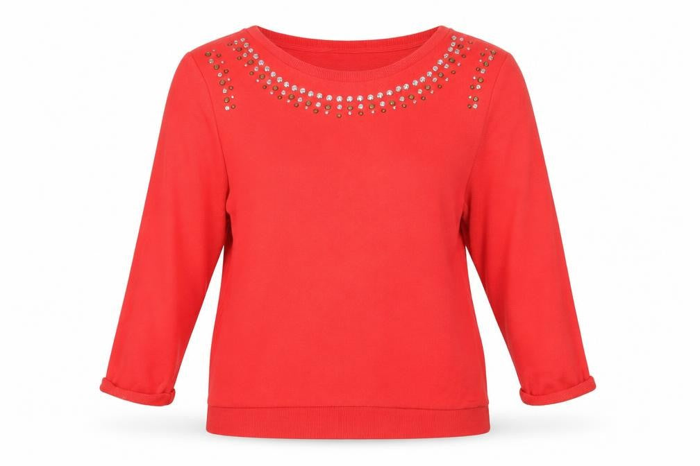 Front view of H&M women’s red cotton pullover sweatshirt, size M, pullover