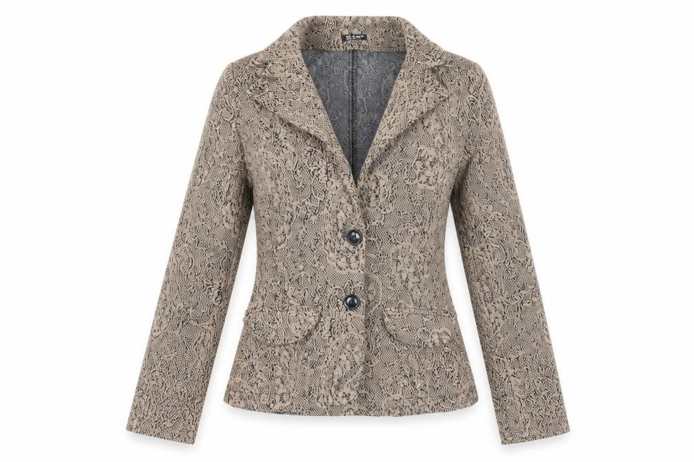 Front view of Me & Me women’s brown geometric jacket blazer, size L, button