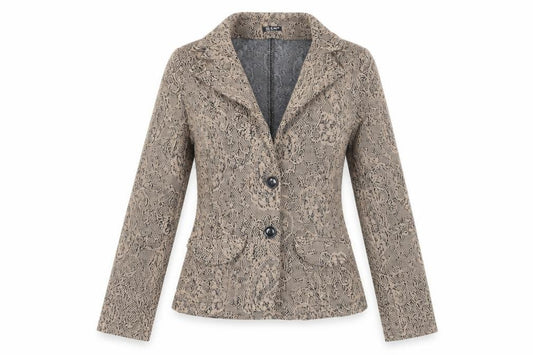 Front view of Me & Me women’s brown geometric jacket blazer, size L, button