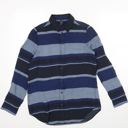 Raw Blue Mens Blue Striped Polyester Button-Up Size XS Collared Button