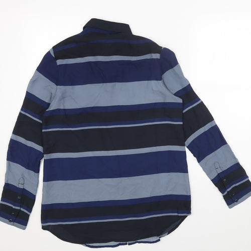 Raw Blue Mens Blue Striped Polyester Button-Up Size XS Collared Button