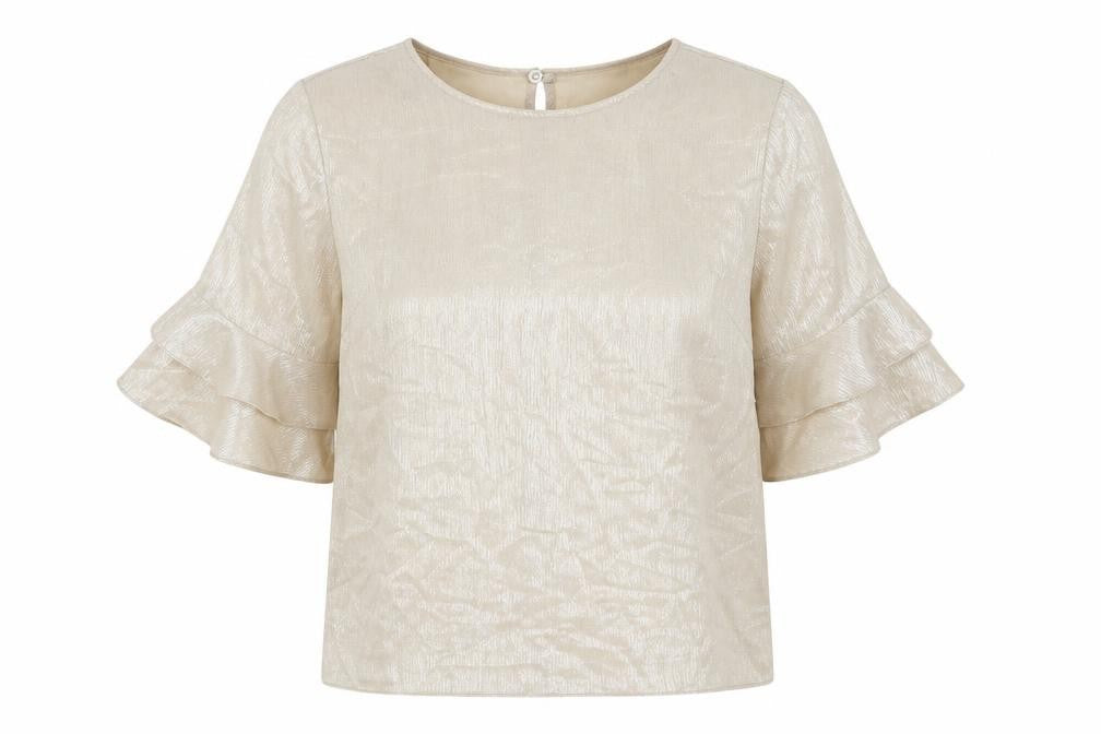 Front view of New Look women’s gold polyester basic t-shirt, size UK 8, round neck