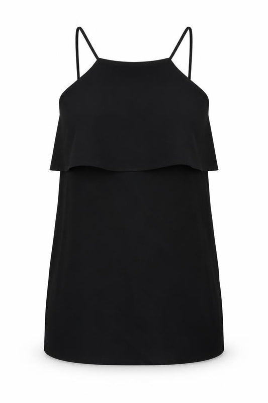 Front view of women’s black polyester mini, size L, square neck pullover
