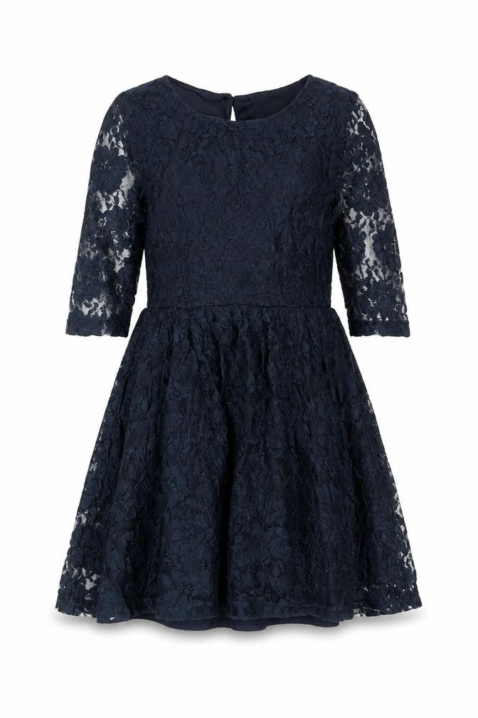Front view of Miss Evie girls’ blue polyester a-line, size 9, years round neck button