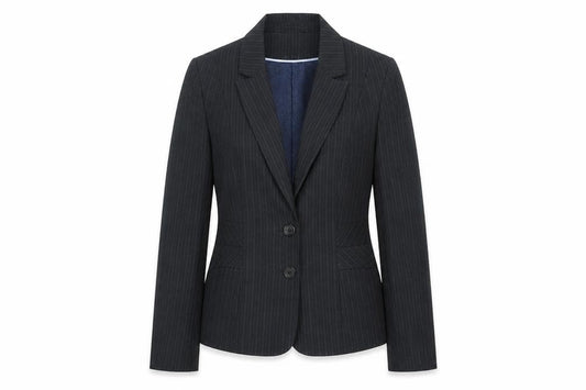 Front view of Papaya women’s grey striped cotton jacket blazer, size UK 10