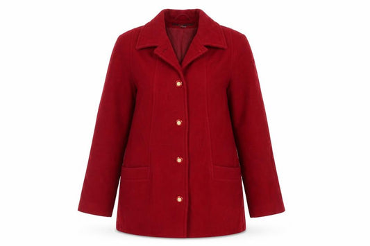 Front view of David Barry women’s red jacket, size UK 12, button
