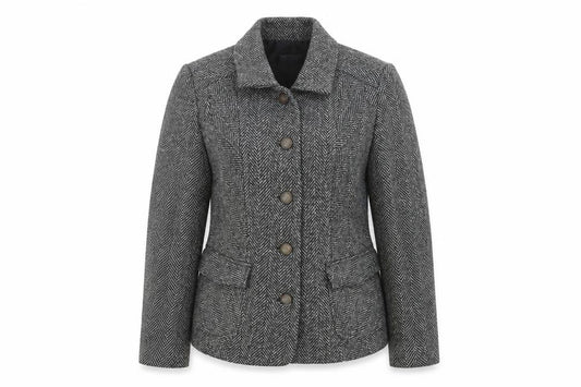 Front view of Singles women’s grey geometric jacket blazer, size UK 16, button